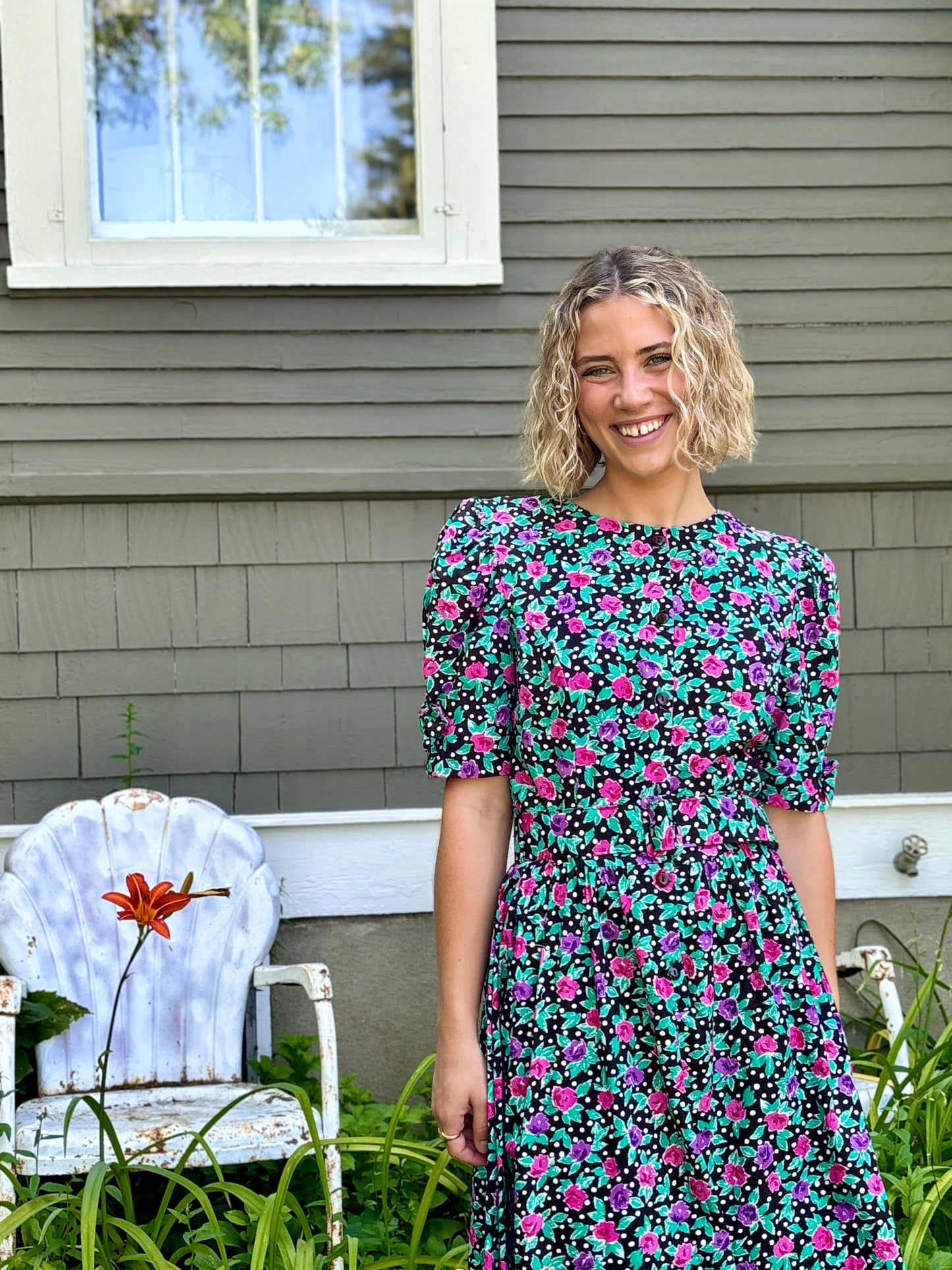 Black Floral Belted Dress