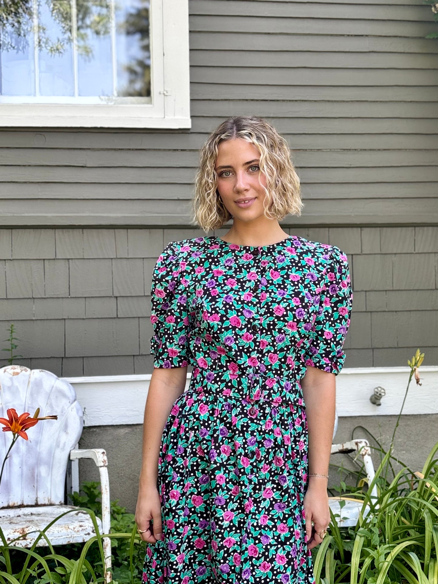 Black Floral Belted Dress