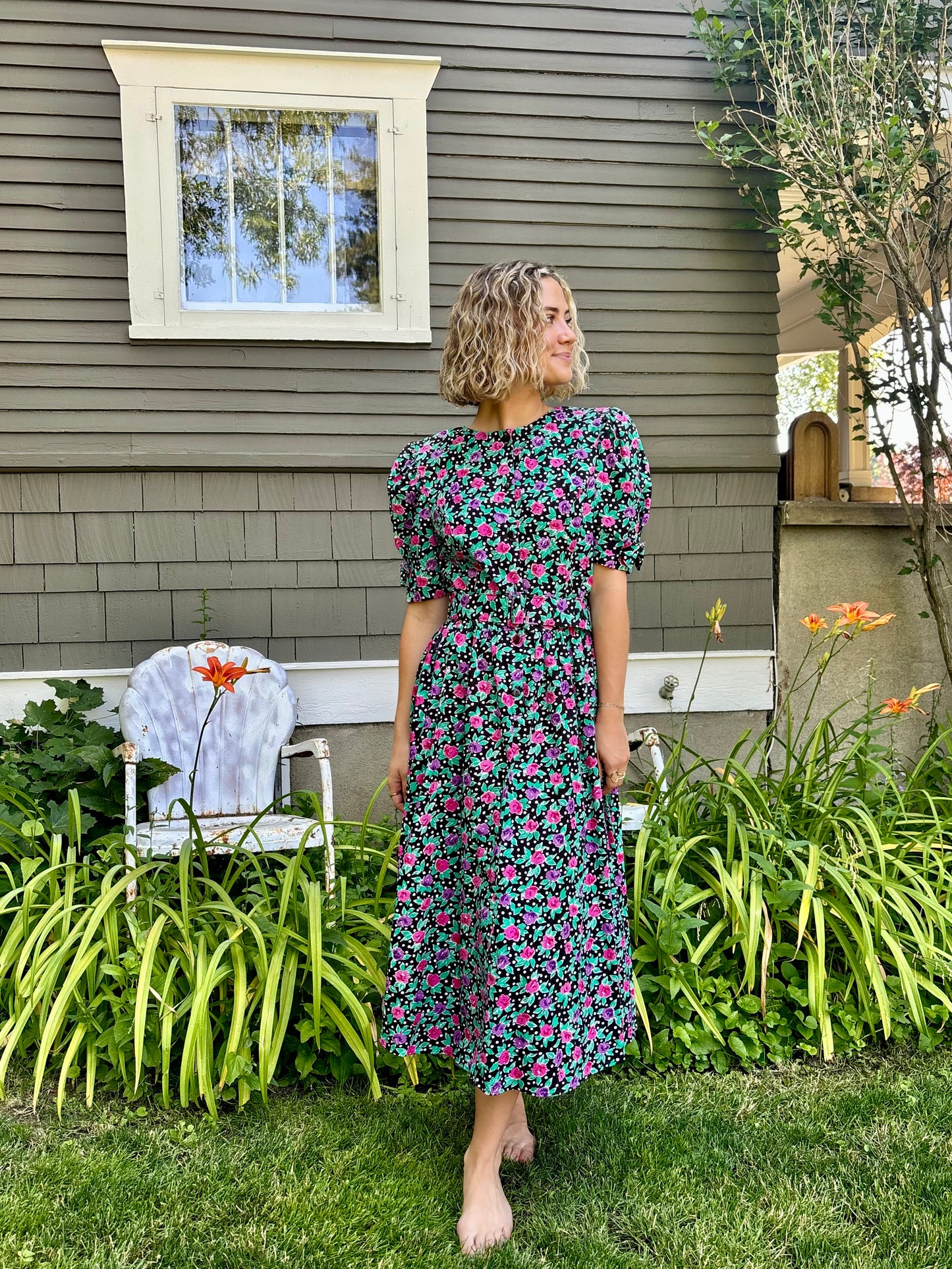 Black Floral Belted Dress