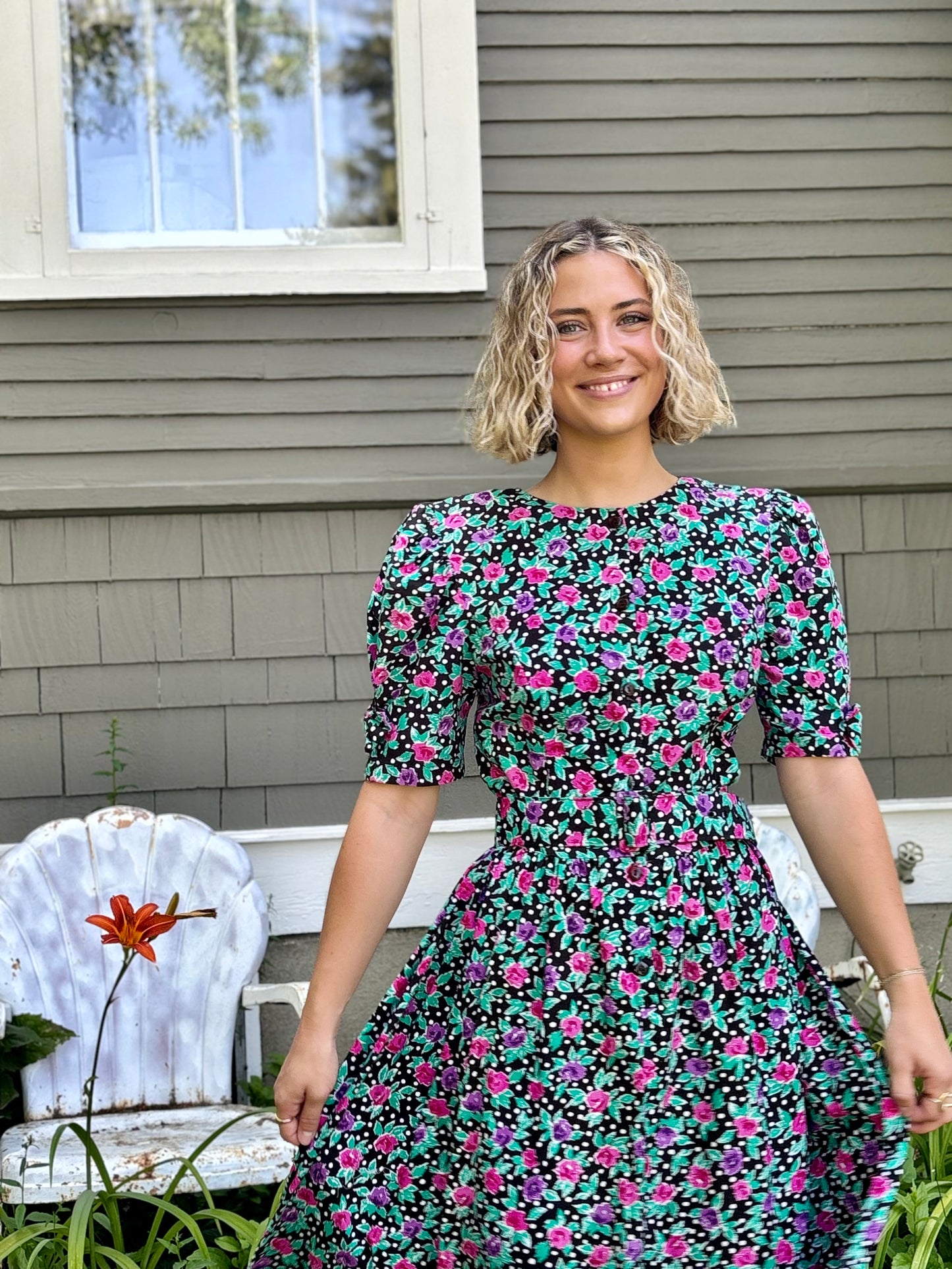 Black Floral Belted Dress