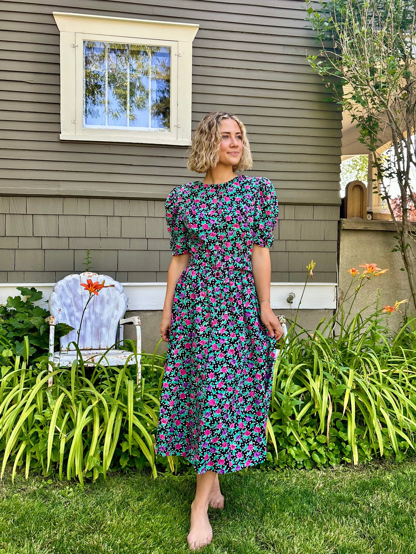 Black Floral Belted Dress