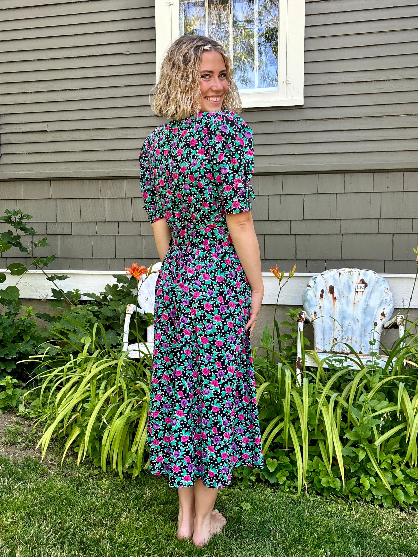 Black Floral Belted Dress
