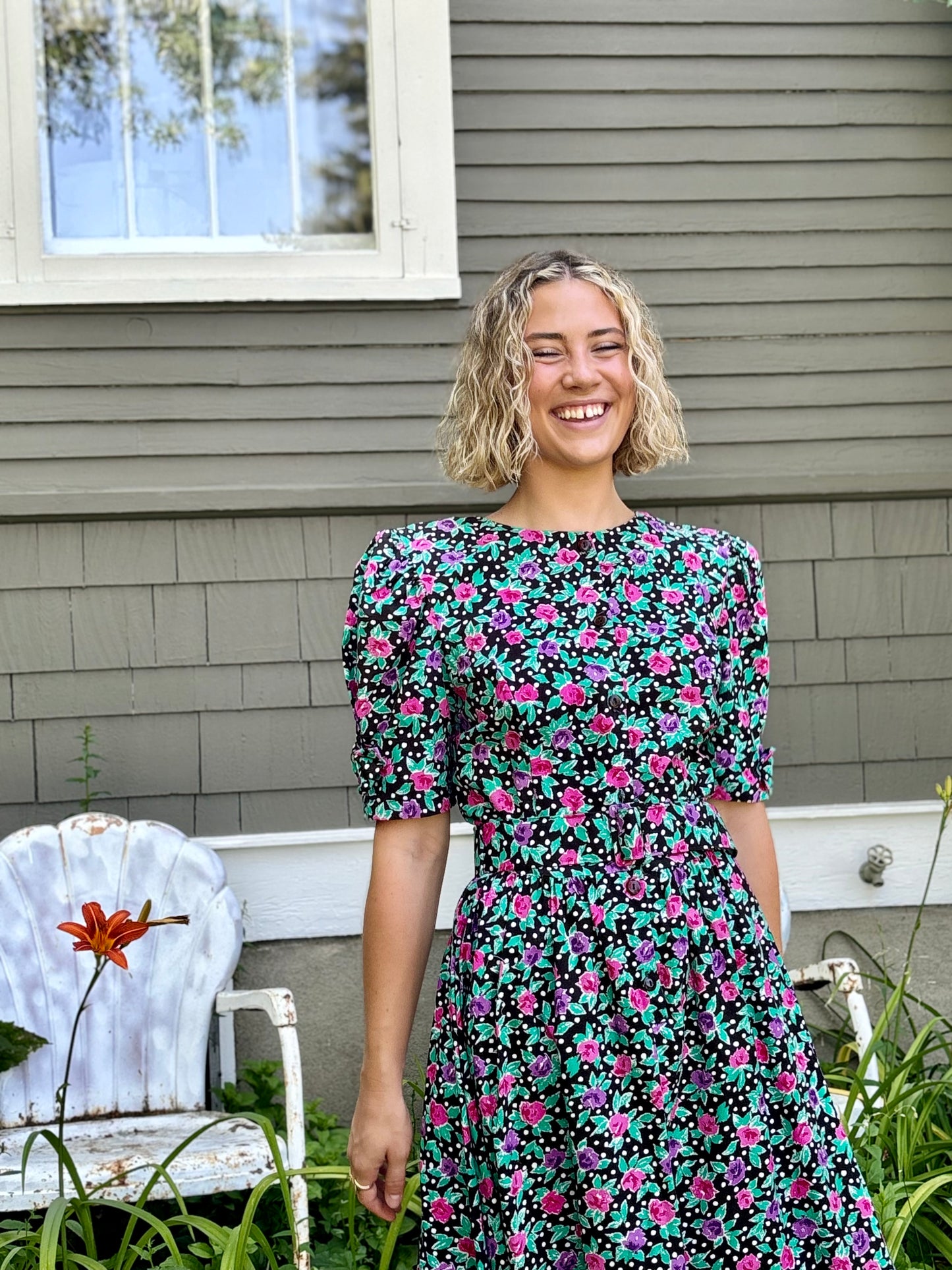 Black Floral Belted Dress