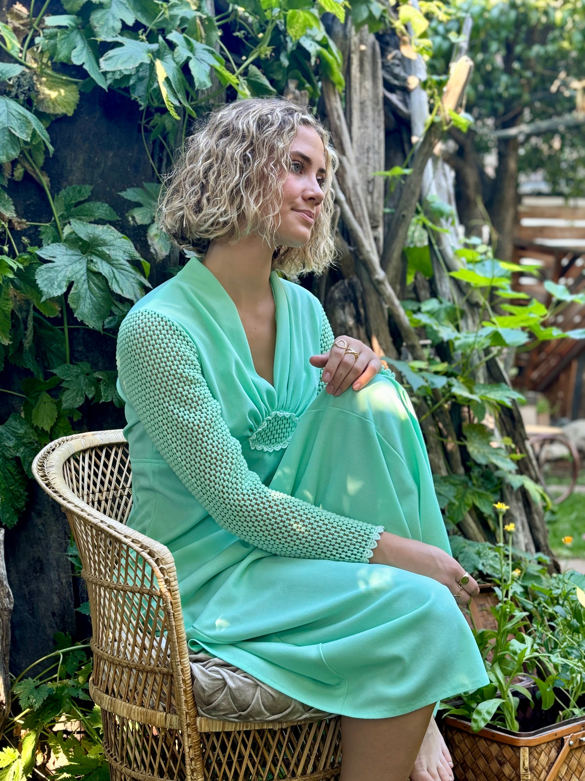 green 70's dress 70s Green Tan Stripe Floral Cotton Maxi Dress with Shawl